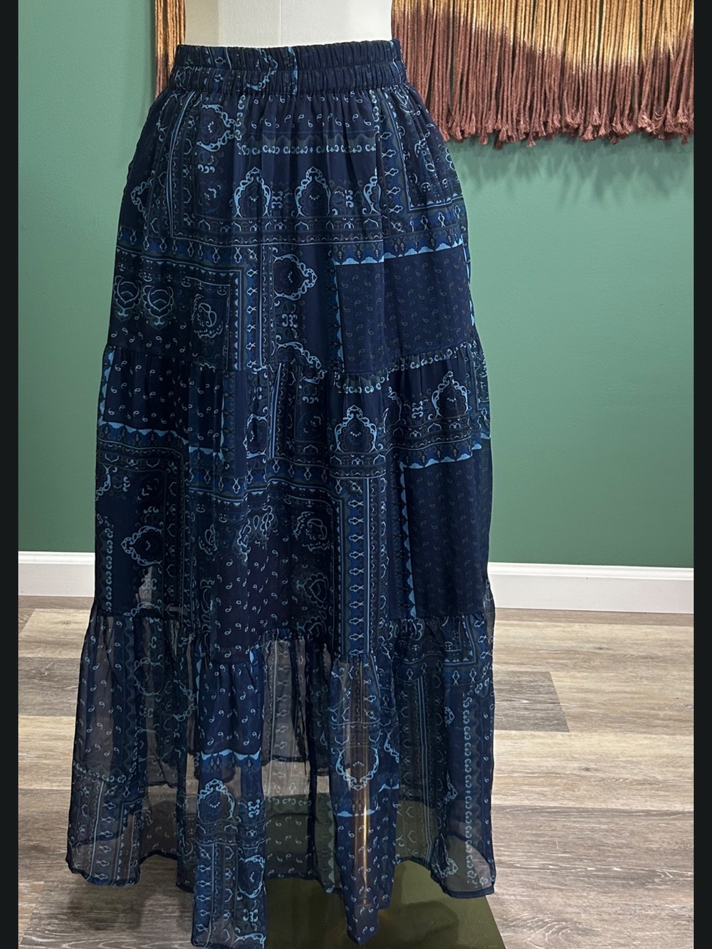 NWT Navy Bandana / Paisley Patchwork Tiered Maxi Skirt